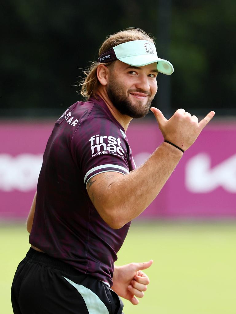 BRISBANE, AUSTRALIA – APRIL 8, 2025: Pat Carrigan during the Brisbane Broncos training at Red Hill. Picture: Tertius Pickard