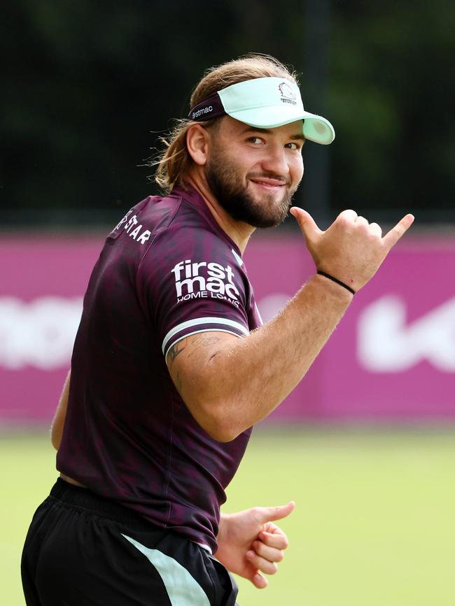 BRISBANE, AUSTRALIA – APRIL 8, 2025: Pat Carrigan during the Brisbane Broncos training at Red Hill. Picture: Tertius Pickard