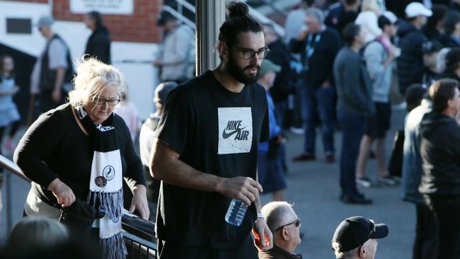 Collingwood’s Brodie Grundy popped into Alberton Oval to watch his younger brother Riley playing for Port Adelaide. Picture: Emma Brasier/AAP