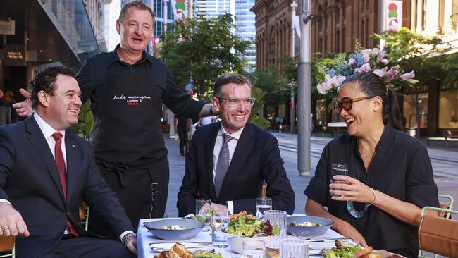 (L-R) Toursim Minister Stuart Ayres, chef Luke Mangan, Premier, Dominic Perrottet, and chef Kylie Kwong, in George Street, which will host the long lunch. Picture: Justin Lloyd