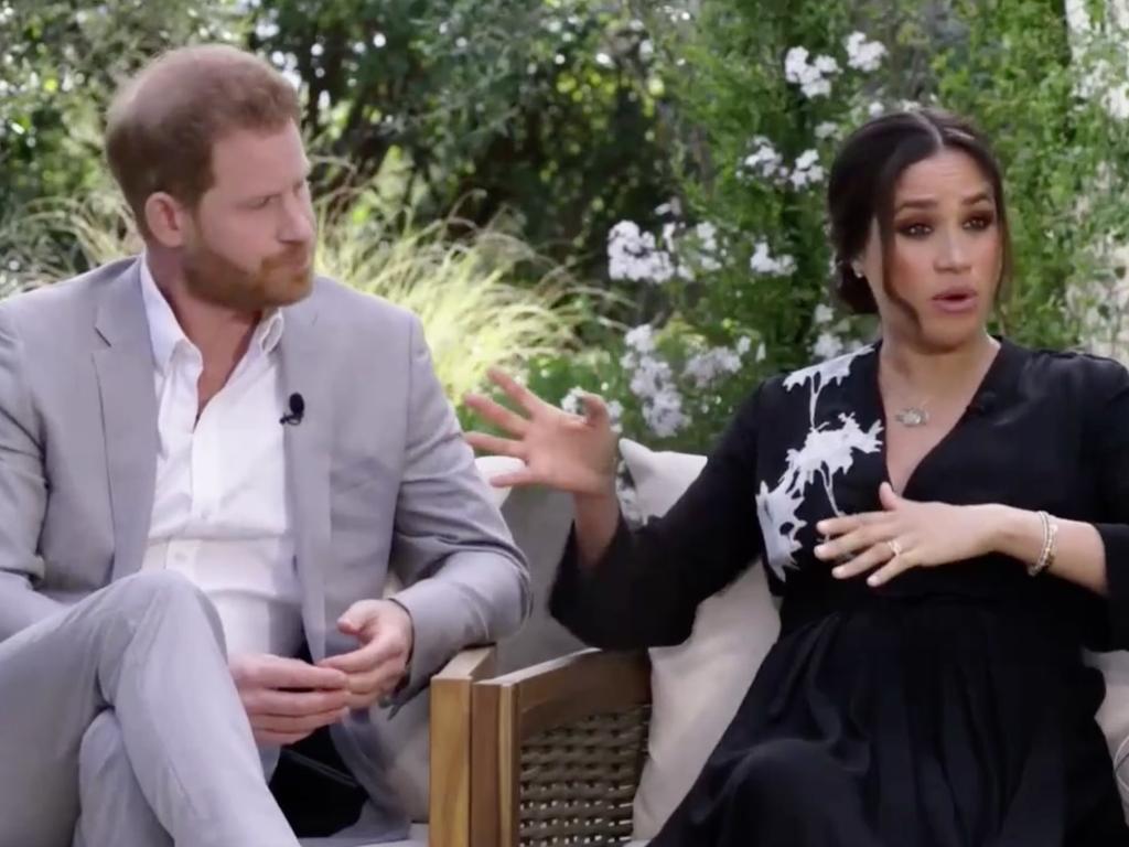 Harry and Meghan seen during interview with Oprah Winfrey. Picture: CBS