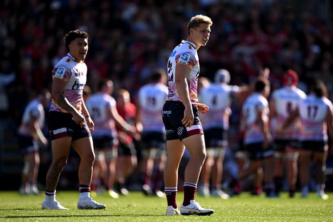 Frankie Goldsbrough of the Reds looks on during the round four Super Rugby Pacific match between Crusaders and Queensland Reds at Apollo Projects Stadium.