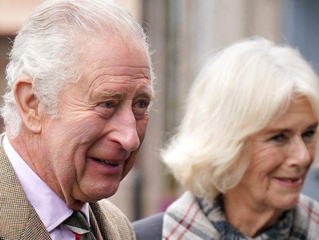 Britain's King Charles III (L) and Britain's Camilla, Queen Consort (R) arrive at a reception to thank the community of Aberdeenshire for their organisation and support following the death of Queen Elizabeth II at Station Square, the Victoria & Albert Halls, in Ballater, on October 11, 2022. (Photo by Andrew Milligan / POOL / AFP)