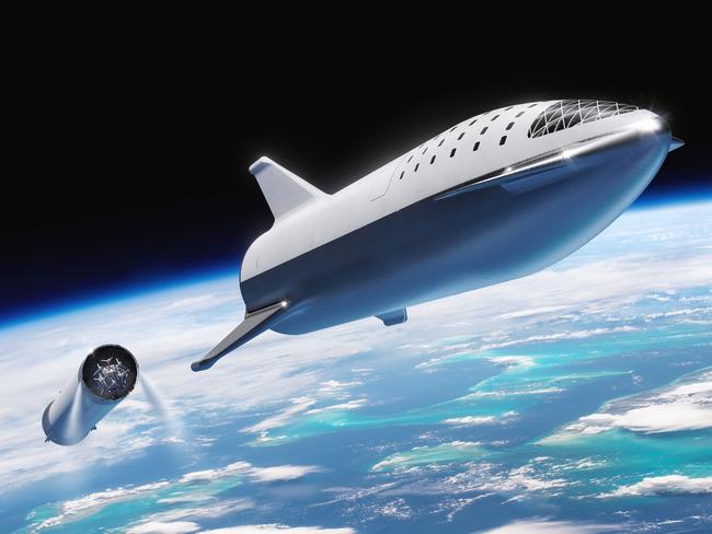 An early rendering of the proposed Starship design, showing its boost phase falling away once the craft has reached orbit. Picture: SpaceX