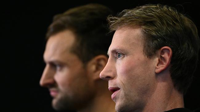 Toby Nankervis and Dylan Grimes at Damien Hardwick’s farewell press conference. (Photo by Quinn Rooney/Getty Images)