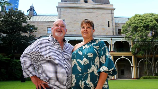 Brett and Belinda Beasley pictured at Queensland Parliament where Jacks Law passed in March 2023 allowing Police to have more powers to check people for carrying weapons after their son jack was killed in a knife attack in Surfers Paradise. Picture David Clark