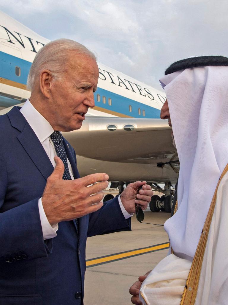 The governor Prince Khaled al-Faisal (r) welcoming US President Joe Biden upon his arrival in Jeddah. Picture: Media Office of the Governor of Mecca/AFP.