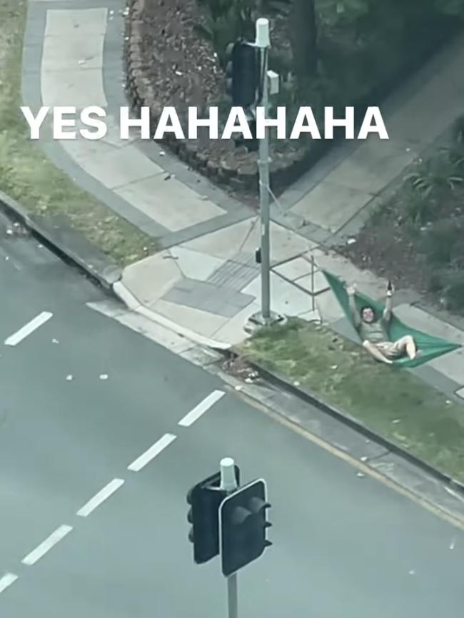 Hammock Man captured hanging outside The Inspired Unemployed hotel while they complete quarantine on the Gold Coast. Picture: Instagram