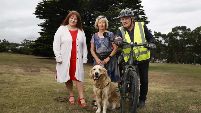 Allison Ritchie Deputy Mayor Clarence City Council with local residents Christine Bayley and dog Pania and Brian Chapman.  Clarence City Council proposal to allow development of social housing at Charles Hand Memorial Park Rosny.  Picture: Nikki Davis-Jones