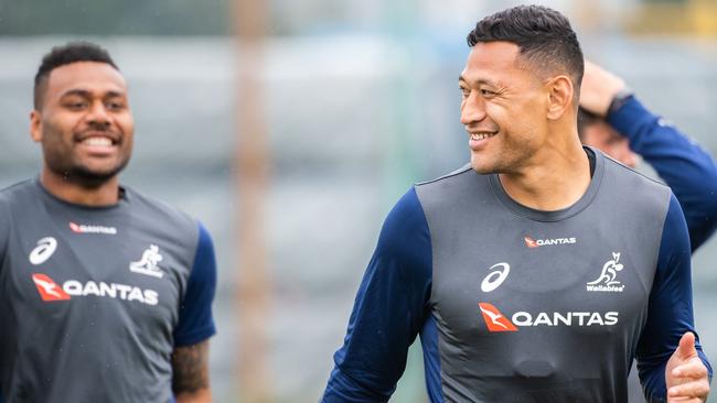 Israel Folau and Samu Kerevi at training this week ahead of the Test against the All Blacks. Photo: Stuart Walmsley/Rugby AU Media