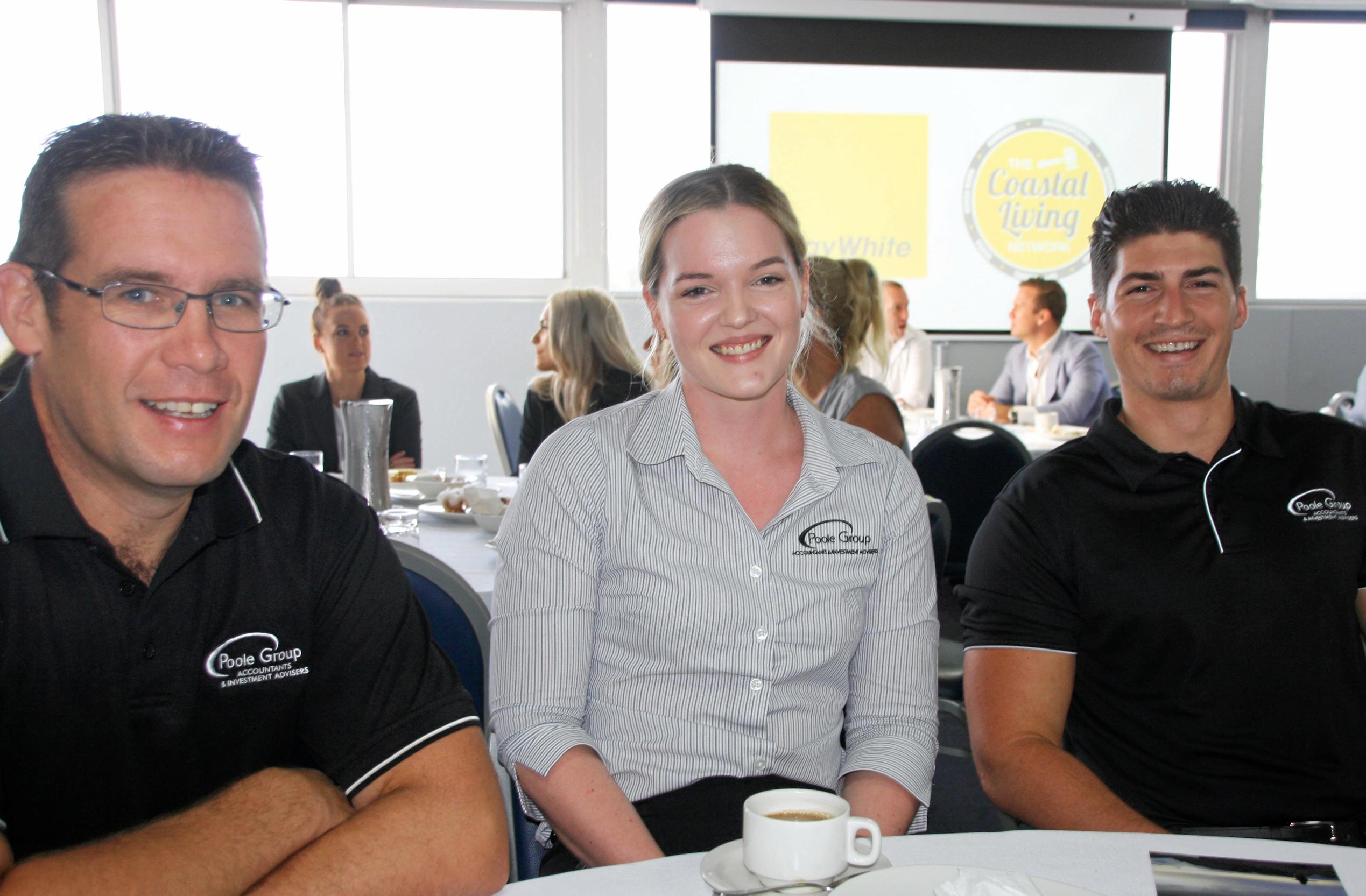 ?Neil Cooke, Allana Connolly and Mitch Bond of the Poole Group at the Ray White breakfast at Maroochy Surf Club. Picture: Erle Levey