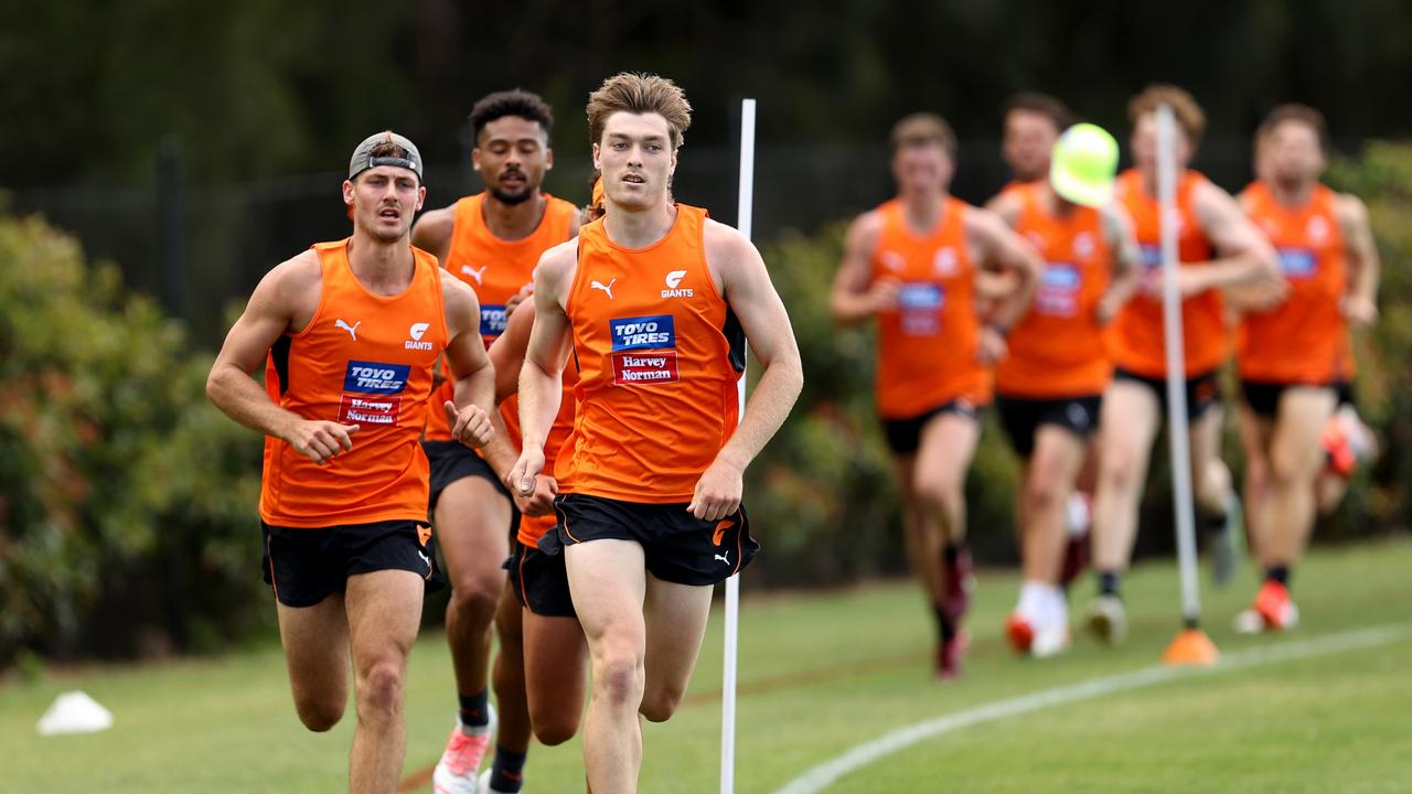 GWS Giants players hit the track on day one of pre-season. Picture: Brendon Thorne/Getty Images