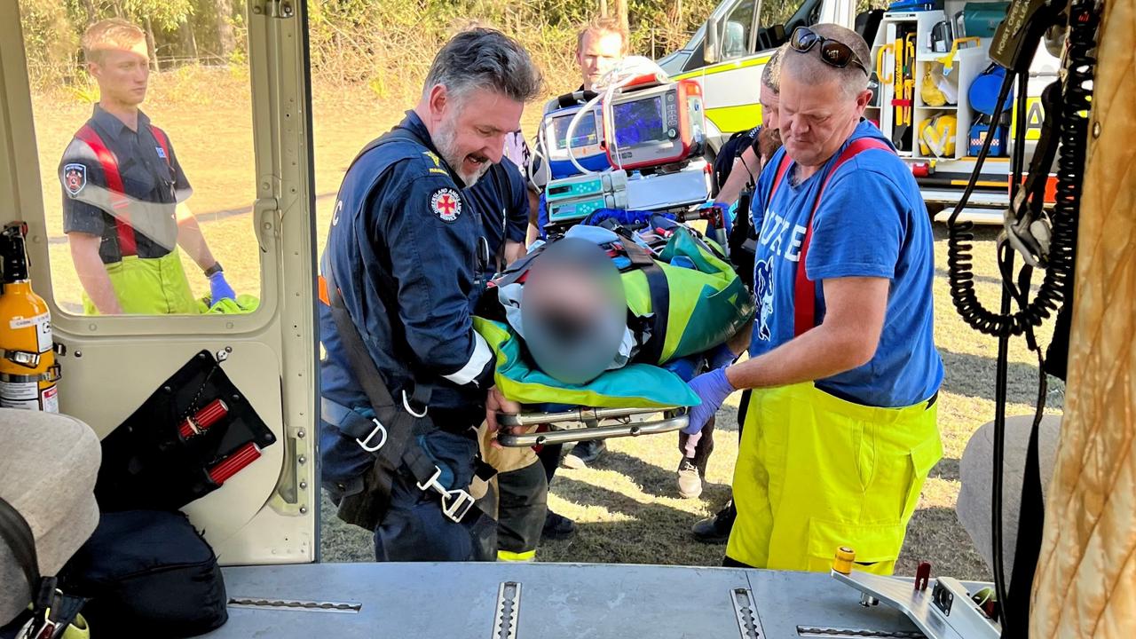 A man in his 40s sustained multiple fractures and spinal injuries after a after his dirt bike collided with another bike in South Burnett on Saturday.