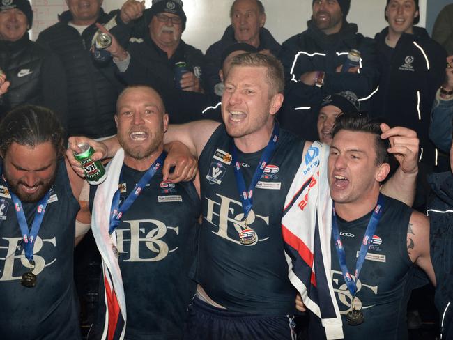 Berwick sing the song after last year’s grand final win. Picture: Chris Eastman/AAP