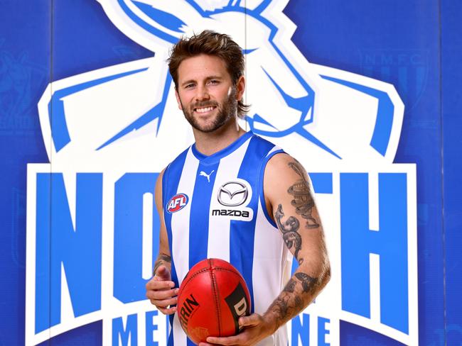 MELBOURNE, AUSTRALIA - OCTOBER 28: Caleb Daniel of the Kangaroos poses during a North Melbourne Kangaroos AFL media opportunity at Arden Street Ground on October 28, 2024 in Melbourne, Australia.  (Photo by Quinn Rooney/Getty Images)