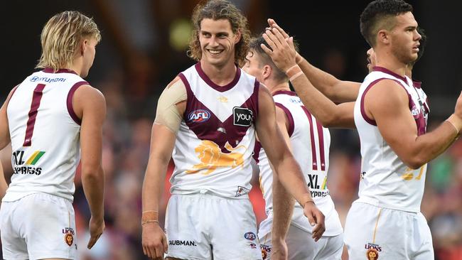 GOLD COAST, AUSTRALIA - APRIL 24: Jarrod Berry of the Lions celebrates kicking a goal during the round six AFL match between the Gold Coast Suns and the Brisbane Lions at Metricon Stadium on April 24, 2022 in Gold Coast, Australia. (Photo by Matt Roberts/AFL Photos/Getty Images)