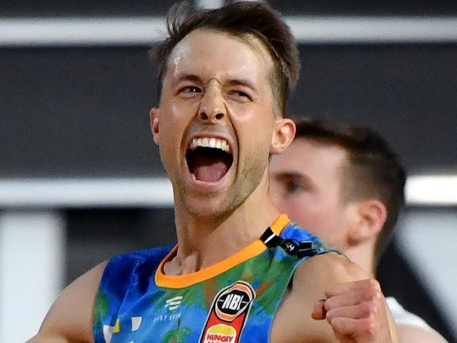 Nathan Sobey of the Bullets celebrates winning on full time of the Round 18 NBL match between the Brisbane Bullets and Melbourne United at Nissan Arena in Brisbane, Saturday, February 1, 2020. (AAP Image/Darren England) NO ARCHIVING, EDITORIAL USE ONLY