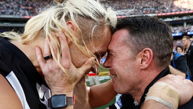 Darcy Moore and Craig McRae share a moment after the grand final. Picture: Michael Willson/AFL Photos via Getty Images