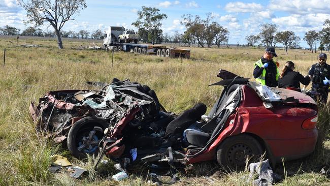 Emergency services rushed to a car and truck collision along the Warrego Highway in Bowenville on June 18. Picture: Sam Turner