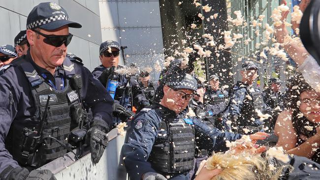 Police use pepper spray on protesters. Picture: Alex Coppel.