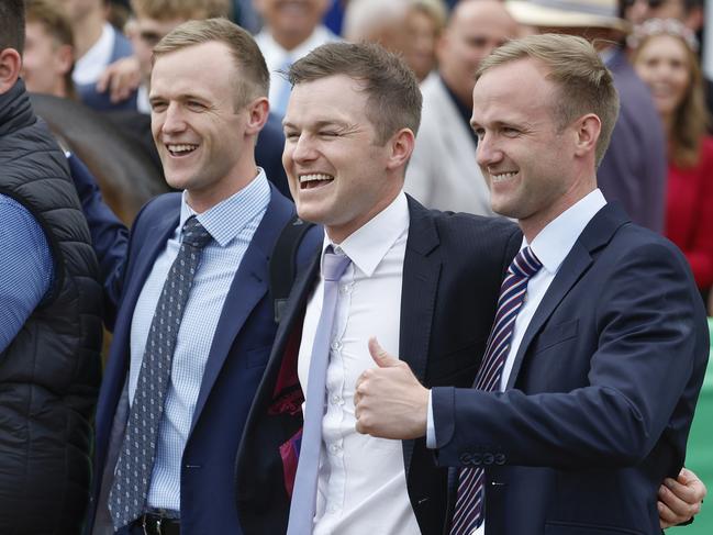 NCA. MELBOURNE. Champion Stakes Day at Flemington Racecourse on November 09, 2024 in Melbourne, Australia.   Race 7.  The VRC Champions Mile.   JD, Ben and Will Hayes with Mr Brightside  .  Picture: Michael Klein