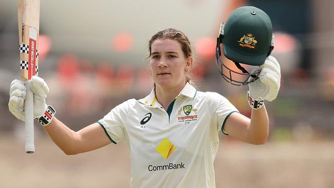 PERTH, AUSTRALIA - FEBRUARY 16: Annabel Sutherland of Australia celebrates her century during day two of the Women's Test match between Australia and South Africa at the WACA on February 16, 2024 in Perth, Australia. (Photo by Paul Kane/Getty Images)