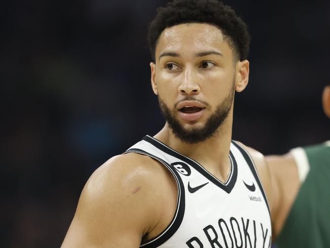 MILWAUKEE, WISCONSIN - OCTOBER 26: Ben Simmons #10 of the Brooklyn Nets reacts after being called for a technical foul during the first half of the game against the Brooklyn Nets at Fiserv Forum on October 26, 2022 in Milwaukee, Wisconsin. NOTE TO USER: User expressly acknowledges and agrees that, by downloading and or using this photograph, User is consenting to the terms and conditions of the Getty Images License Agreement.   John Fisher/Getty Images/AFP