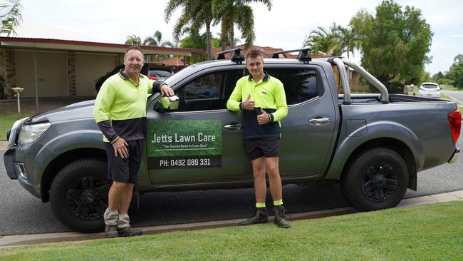 Bucasia teen Jett Turpin launched Jetts Lawn Care Mackay when he was just 12 years old. He now turns over $35,000 a year, with the help of his dad Dan on the tools. Picture: Heidi Petith