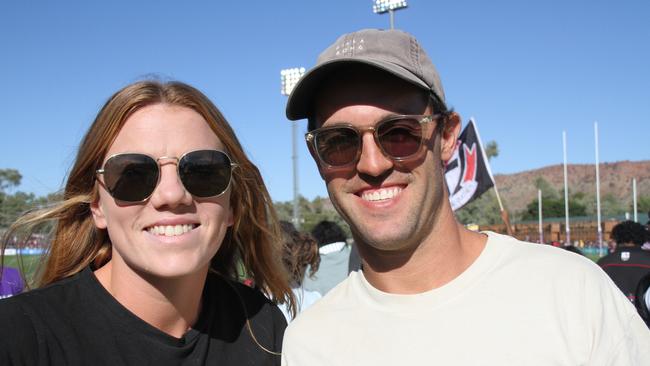 Zac Nelson and Bec Winch at Traeger Park, Alice Springs, for the Demons Saints game on June 1, 2025. Picture: Gera Kazakov