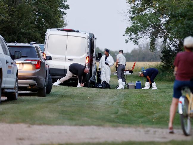 A police forensics team investigates one of the crime scenes in Weldon, Saskatchewan, Canada. Picture: Reuters/David Stobbe