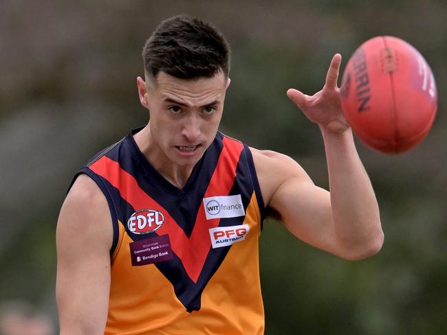 East KeilorÃs Ben Caluzzi during the EDFL Pascoe Vale v East Keilor football match in Pascoe Vale, Saturday, Aug. 19, 2023. Picture: Andy Brownbill