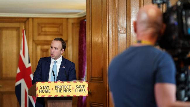 Britain’s Health Secretary Matt Hancock speaks at a remote press earlier today. Picture: AFP