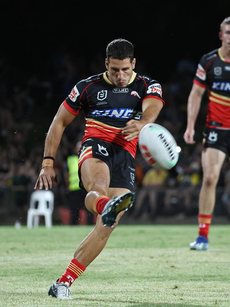 Dolphins' Ben Stevanovic kicks on the last tackle n the National Rugby League (NRL) pre season NRL match between the North Queensland Cowboys and the Dolphins, held at Barlow Park. Picture: Brendan Radke