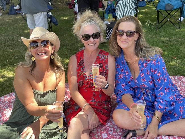 Melissa Campbell, Kristy Webster and Susannah Giddings at the 2025 Hanging Rock Cup. Picture: Himangi Singh.