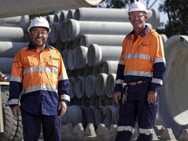 Alfred Hopkins and Ben Johnston, at Humes, Rooty Hill, today. (Story is about manufacturers being more sustainable as part of the net zero campaign). Picture: Justin Lloyd.