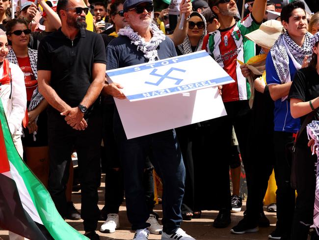 Images emerged in early October of Mr Yazbek at a Sydney pro-Palestine protest holding a sign that read “Stop Nazi Israel”. Picture: NewsWire