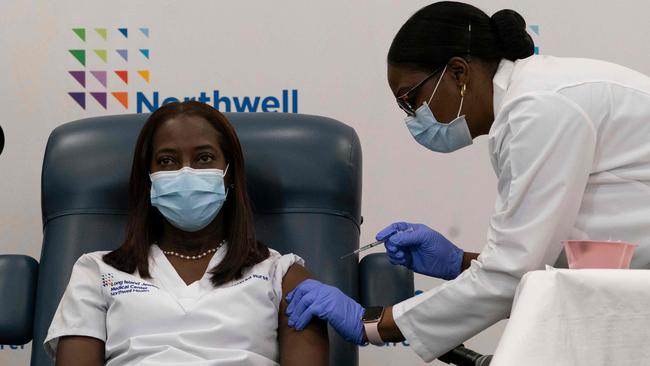 Sandra Lindsay, a nurse in New York, was among the first to receive the Pfizer-BioNTech vaccine shot. Picture: AFP