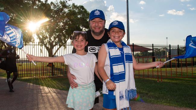 Christian, Katerina and George Christopoulos at the 2024 AFL match between Gold Coast Suns and North Melbourne at TIO Stadium. Picture: Pema Tamang Pakhrin