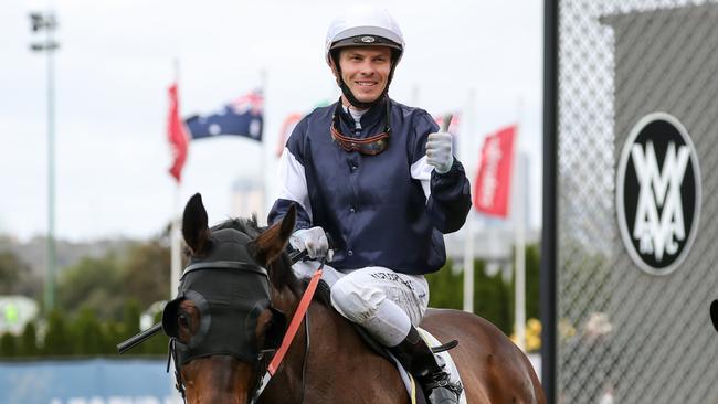 Ben Melham returns to the mounting yard aboard Homesman. Picture: Getty Images