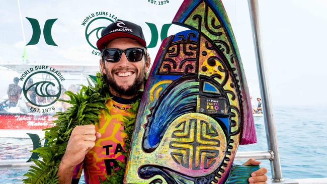 Owen Wright after winning the 2019 Tahiti Pro Teahupo'o for the first time. Wright is one of four Australians heading to the surfing event at the Olympics.