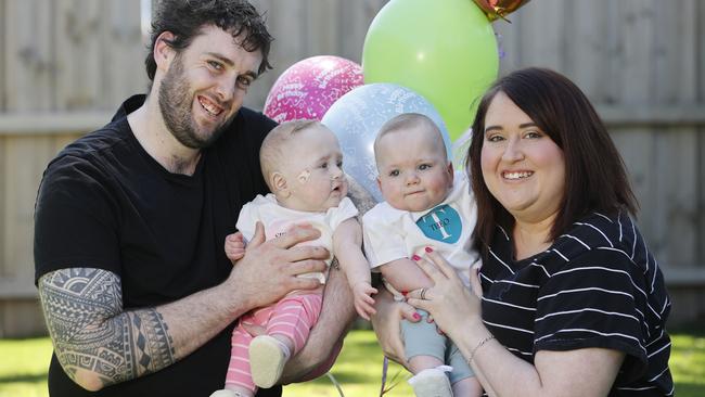 Miracle babies Skylar and Theo this week celebrated a first birthday their parents Rachel and David thought might never come. Picture: Alex Coppel