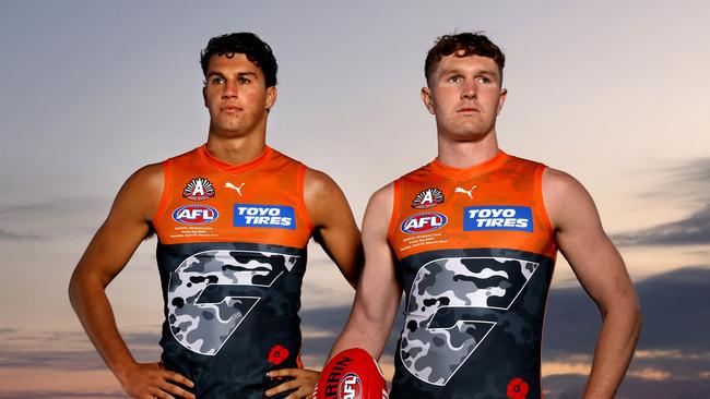 GWS Giants players Finn Callaghan and Tom Green in their ANZAC Day Guernsey ahead of their ANZAC Day match against the Brisbane Lion sin Canberra. Photo by Phil Hillyard(Image Supplied for Editorial Use only - **NO ON SALES** - Â©Phil Hillyard )