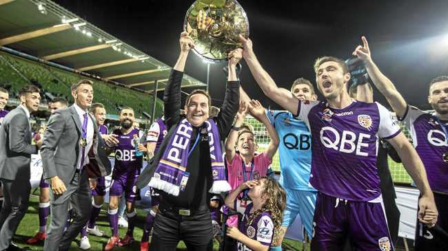 Tony Sage and the Glory celebrate winning the Premiers Plate on April 14 last year.  Picture: Tony McDonough/AAP