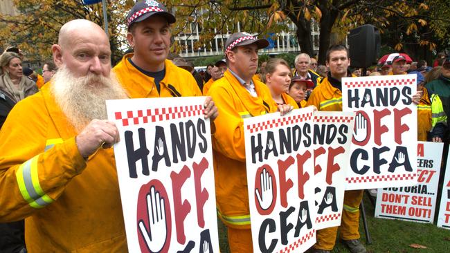 CFA members hold a rally at Treasury Gardens. Picture: David Crosling