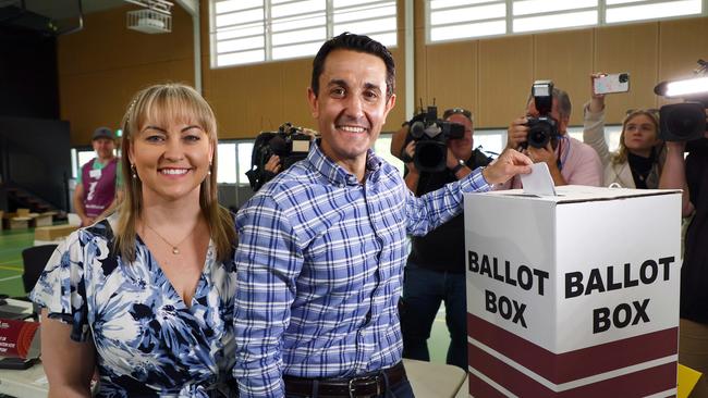 LNP leader David Crisafulli and his wife Tegan voted in Springwood on Saturday. Picture: NewsWire/Tertius Pickard