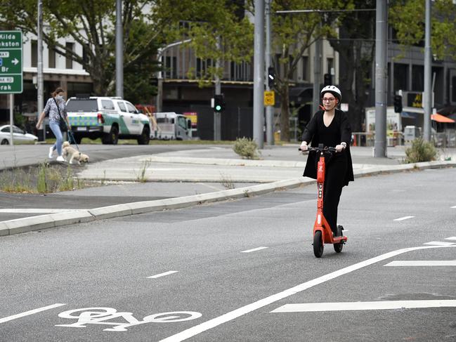 The corner of St Kilda Rd where a motorist tried to run down several people riding e-scooters. Picture: Andrew Henshaw