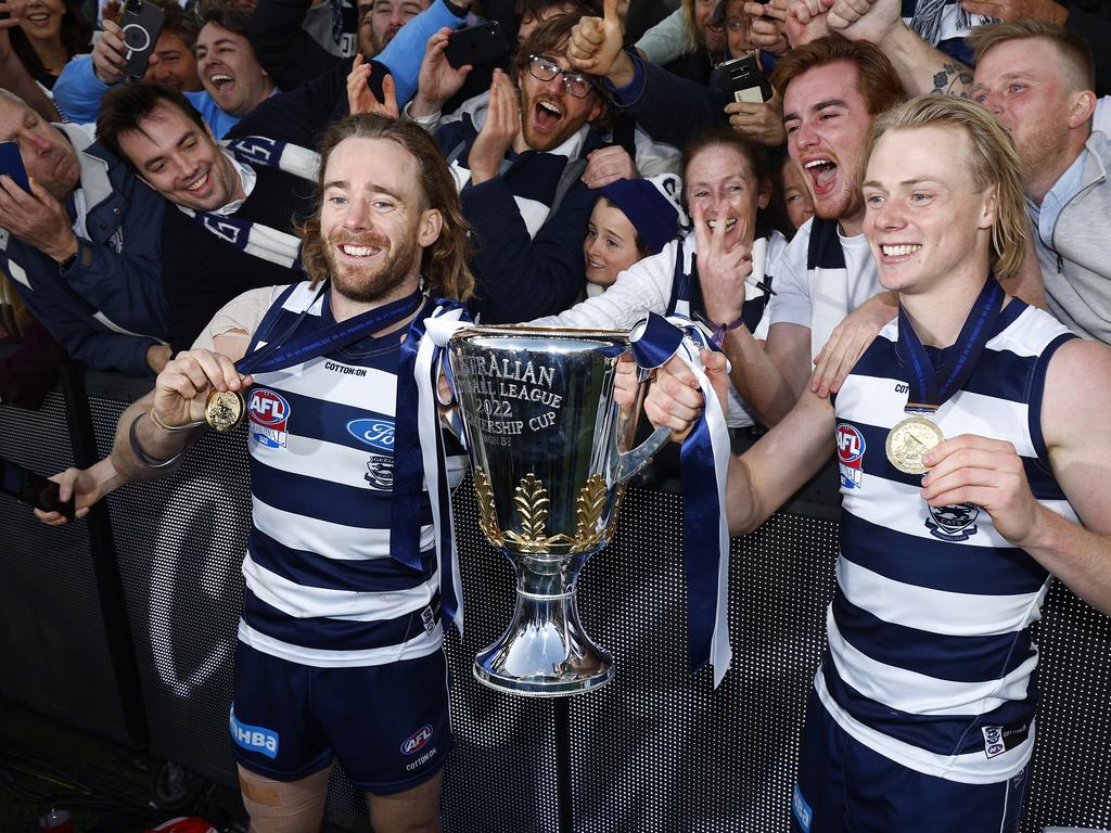 Cam and Zach Guthrie became the first set of siblings to win a premiership as teammates since Gary and Nathan Ablett achieved the feat for Geelong in 2007. Picture: Daniel Pockett