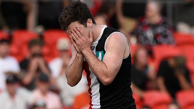 GOLD COAST, AUSTRALIA - MAY 08: Jack Higgins of the Saints looks dejected during the round eight AFL match between the Gold Coast Suns and the St Kilda Saints at Metricon Stadium on May 08, 2021 in Gold Coast, Australia. (Photo by Matt Roberts/AFL Photos/via Getty Images)