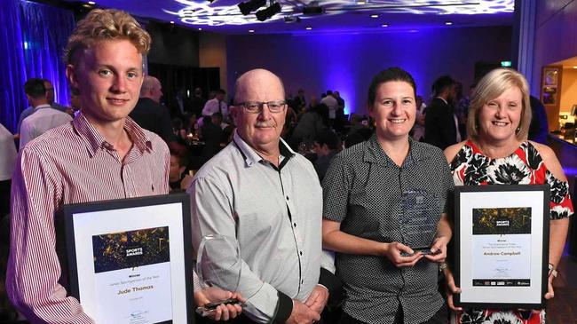 Junior Sportsperson of the Year Jude Thomas with the family of The Queensland Times Senior Sportsperson of the Year Andrew Campbell - father Jon, sister Lyndsey and mother Denise at the City of Ipswich Sports Awards function. Picture: Rob Williams