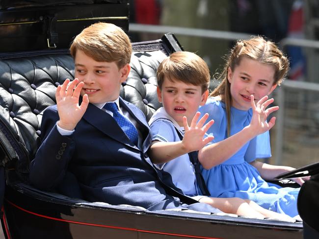 Prince George, Prince Louis and Princess Charlotte in the carriage procession during last year’s Platinum Jubilee celebrations. Picture: WireImage